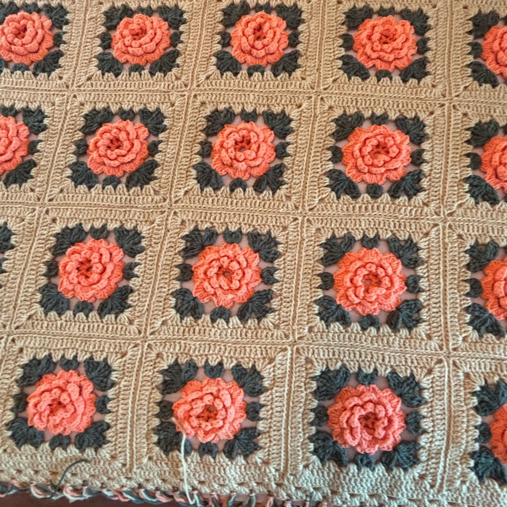 Handmade Crocheted Floral Granny Square Throw - Coral & Tan - Picture 6 of 13
